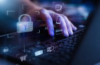 Data protection and secure online payments. Cyber internet security technologies and data encryption . Closeup view of man`s hand using laptop with virtual digital screen with icon of lock on it.